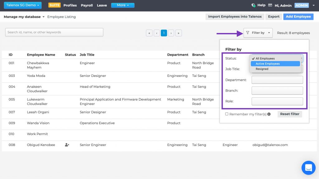 Talenox Updates Q1 2021 employee profile filter search